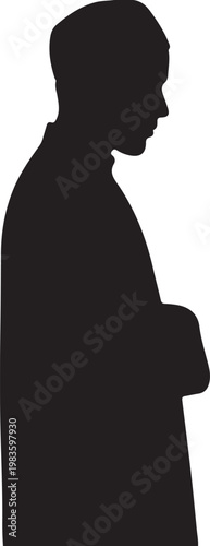 Silhouette of a muslim man in a traditional cap standing in prayer isolated on a plain white background for