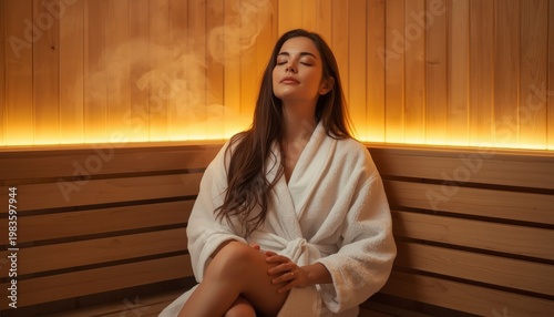 Serene Young Woman Relaxing in a Traditional Wooden Sauna Wearing a White Bathrobe, Spa and Wellness Concept