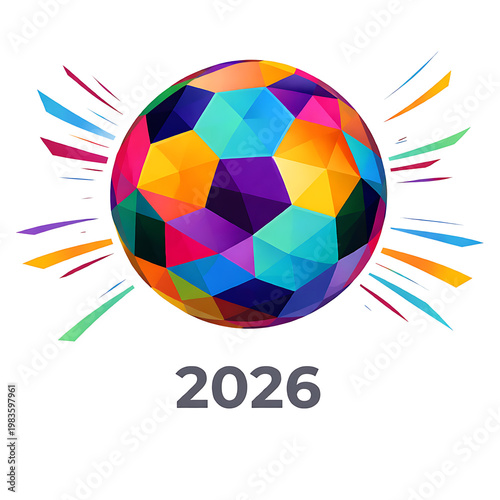 Colorful soccer ball with 2026 text isolated on transparent background