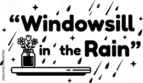Black and white windowsill with flowers in rain vector art