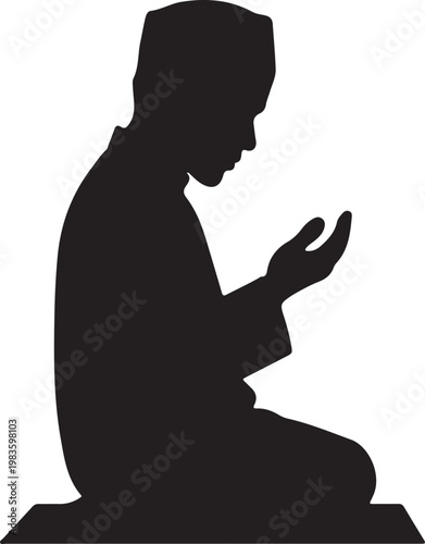 Silhouette of a muslim man kneeling on a prayer mat, wearing a traditional kufi cap, isolated on white background
