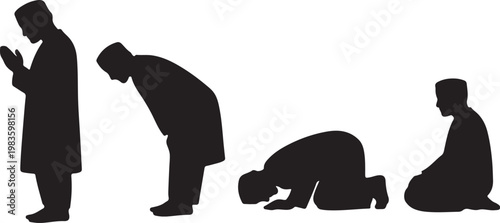 Silhouette of a muslim man performing salah prayer sequence showing different stages of islamic ritual worship and devotion