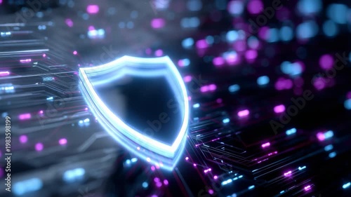 Slow tracking tilt shot of glowing shield icon hovering over neon circuit board with pulsing cybersecurity motif