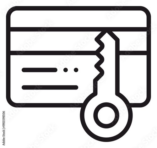 Canvastavla Minimalist black vector icon illustration of a credit card with a key, symbolizing secure payment, financial data protection, encrypted transactions, and banking security on white background