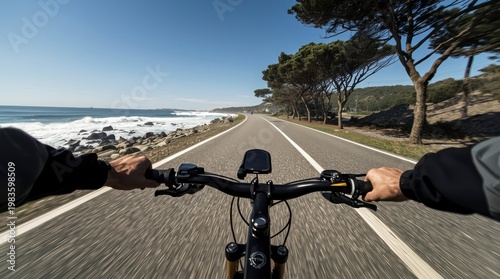Point of View Shot of Cycling Along a Scenic Coastal Road with Ocean Waves