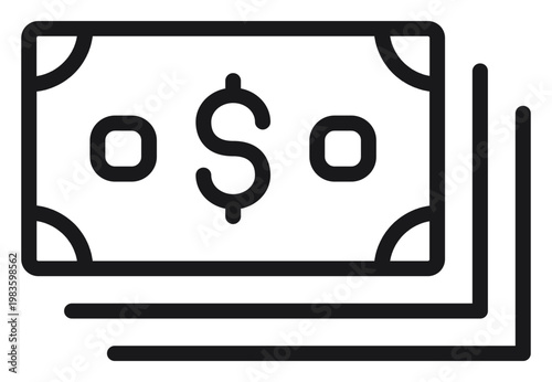 Canvastavla Minimalist black line art vector icon of a stack of dollar bills, representing cash, currency, and financial transactions