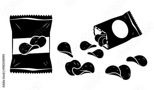 Potato chips icon set vector snack bag and crispy chips silhouettes isolated on white