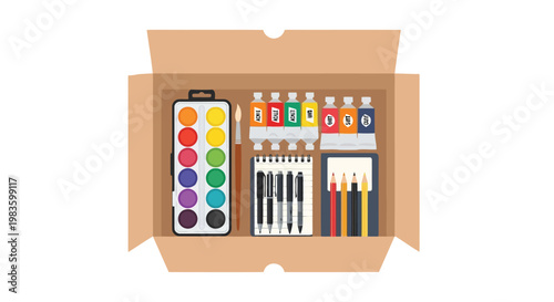 Colorful art supplies in a cardboard box illustration isolated on white background