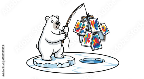 Polar bear fishing colorful cards on ice floe vector isolated on white background