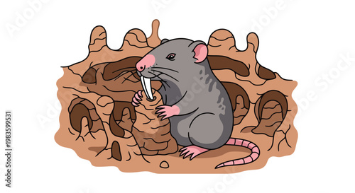 Gray rodent with large teeth sitting in brown underground burrow tunnel system isolated on white background