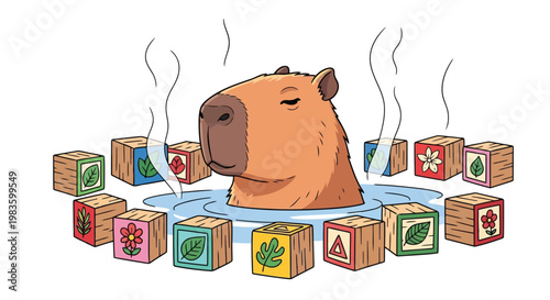 Capybara relaxing in a baby bath with wooden blocks around, steam rising, illustration isolated on white background