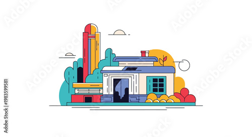 Colorful modern house with garden and tower illustration isolated on white background