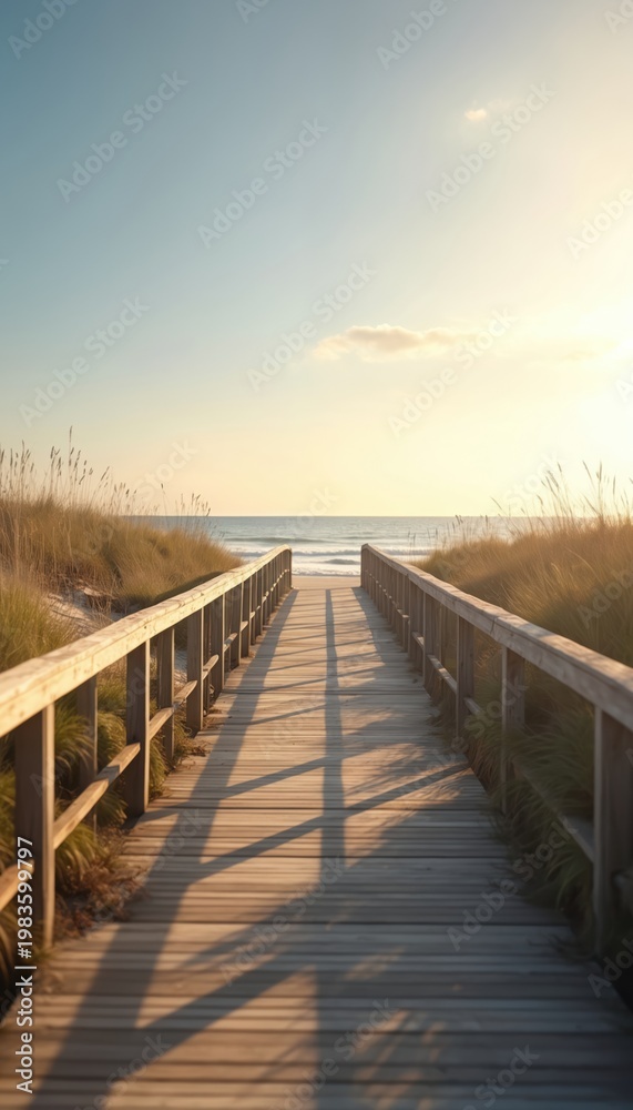 Obraz premium Wooden walkway leads over sand dunes to ocean beach at sunset. Gentle waves meet sandy shore under warm sky. Peaceful seaside path invites nature stroll.