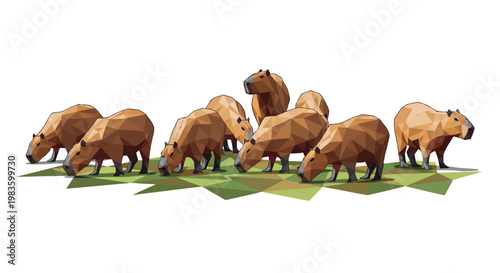 Low poly capybaras grazing on green grass 3D render isolated on white background