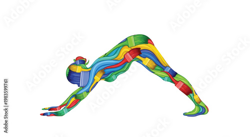 Colorful woman performing downward facing dog yoga pose illustration isolated on white background