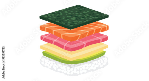 Detailed colorful sushi stack with rice and nori seaweed isolated on white background