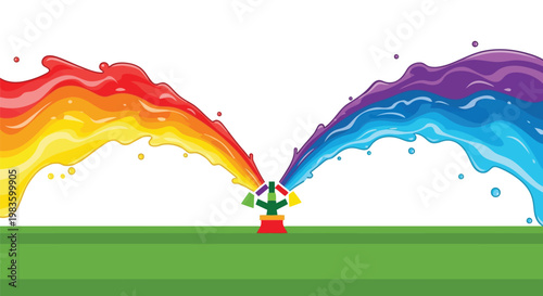 Rainbow colored water spray from fire hydrant on green lawn illustration isolated on white background