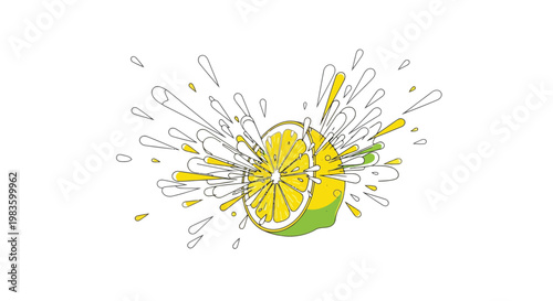 Lemon slice bursting with juice illustration isolated on white background