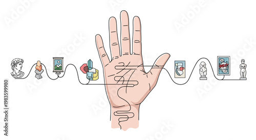 Palmistry hand with tarot cards and statues connected by a wavy line on illustration isolated on white background