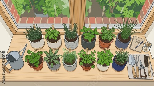 Top view of a windowsill garden setup with multiple small containers of herbs, a watering can, and gardening tools arranged in an