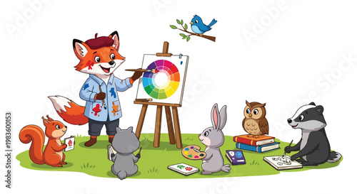 Cartoon fox teaches color wheel to animals in outdoor art class setting with books and painting supplies isolated on white background