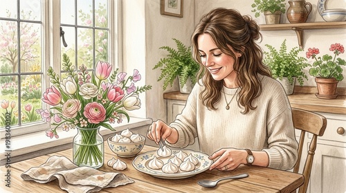 A woman placing meringues on a plate with spring flowers nearby under soft window light creating a warm and inviting atmosphere,