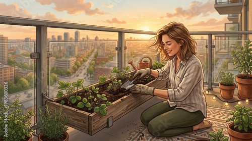 A balcony scene with a woman planting strawberry plants into a long container box attached to a railing overlooking a cityscape in