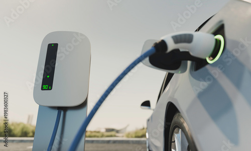 Electric car charging with plug connected, EV charging port with glowing green light, clean energy transportation concept