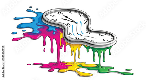 Melting clock with colorful paint splatters surreal art isolated on white background