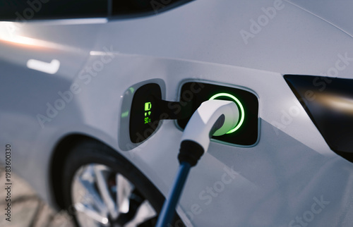 Electric car charging with plug connected, EV charging port with glowing green light, clean energy transportation concept