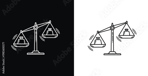 A simple line drawing of a balance scale on black and white backgrounds