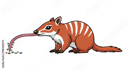 Cartoon striped animal with long tongue licking colorful candy isolated on white background