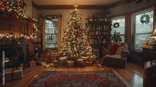 Warm festive living room with decorated Christmas tree gifts and fireplace cozy holiday scene