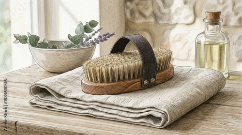 A natural wooden body brush with firm bristles placed on a folded linen towel in soft daylight creating a calm spa atmosphere with