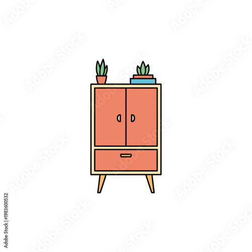 Mid Century Modern Cabinet Illustration with Plants and Books