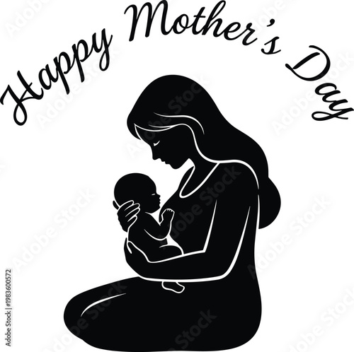 Happy Mother's Day silhouette, breastfeeding mother sitting with newborn baby, black vector illustration, family love concept, isolated on white background.