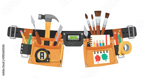 Colorful tool belt illustration with art supplies and construction tools isolated on white background