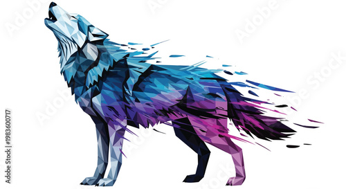 Vibrant wolf howling in colorful abstract motion isolated on white background