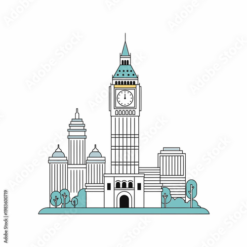 Minimalist flat line art of Big Ben and London city buildings