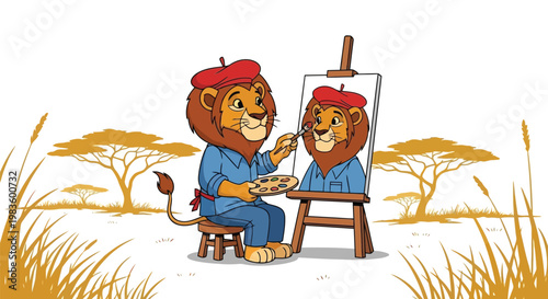Lion painter in beret painting on easel savannah isolated on white background