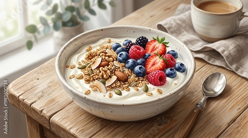 A bowl of creamy yogurt topped with crunchy granola and fresh berries placed on a light wooden table in soft natural daylight with