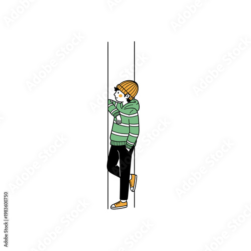 Teenage Boy in Beanie and Hoodie Leaning on Wall Illustration
