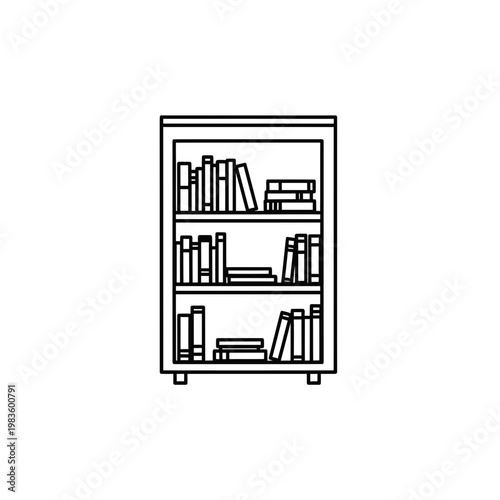 Minimalist bookshelf with books line art icon on white background