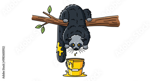 Honey badger dripping honey from mouth hanging upside down from tree branch with yellow bucket isolated on white background