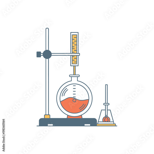 Laboratory chemistry experiment with retort flask and burner icon