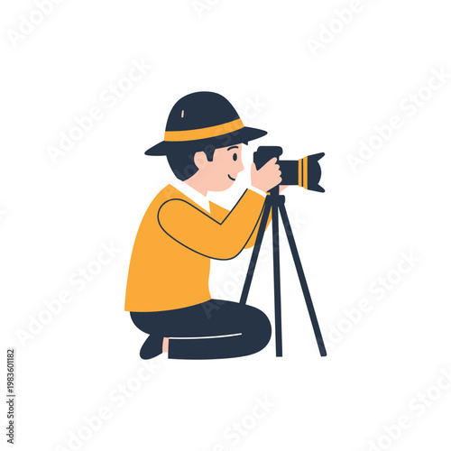 Photographer with Professional Camera on Tripod Flat Illustration