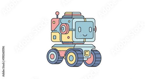 Colorful robot toy with wheels smiling.