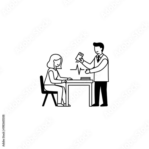 Medical professional monitoring patient heartbeat line art icon