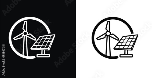 A graphic illustration of renewable energy sources with wind turbines and solar panels in a circular design