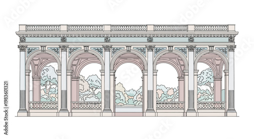 Architectural Arches with Columns and Balustrades.